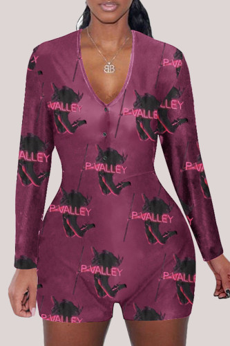 fuchsia Fashion Adult Living Print V Neck Skinny Rompers