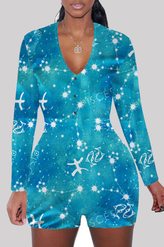 Sky Blue Fashion Adult Living Print V Neck Skinny Rompers