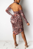Imprimé léopard mode Sexy imprimé léopard évidé cordon de serrage dos nu licou à manches longues Mini robe imprimée robes