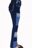 Pantalones de mezclilla azul oscuro con cremallera, sin mangas, medio viejo, drapeado, lavado, con cremallera, corte bota, pantalones