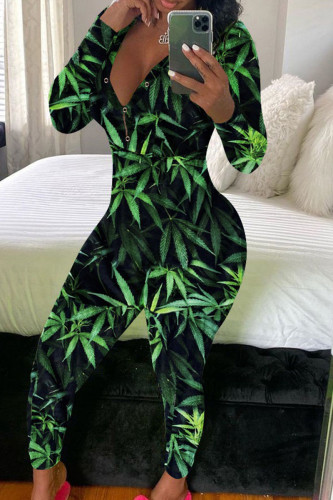 Green Fashion Adult Living Print Pants V Neck Skinny Jumpsuits
