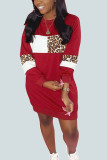 Wine Red Work Daily Print Patchwork O Neck Long Sleeve Mini Pencil Skirt Dresses