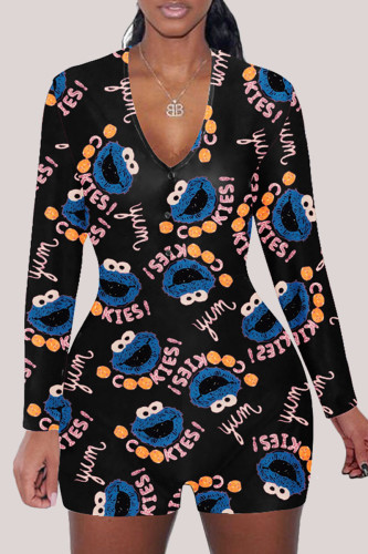Blue Fashion Adult Living Print V Neck Skinny Rompers