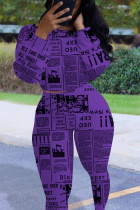 Фиолетовый Повседневная С принтом Пэчворк О-образным вырезом С длинным рукавом Из двух частей