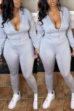 Light Gray Fashion Casual Solid Basic V Neck Long Sleeve Regular Sleeve Regular Two Pieces