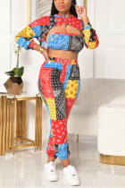 multicolor Fashion Sexy Print Hollowed Out Long Sleeve Regular Sleeve Short Three-piece Set