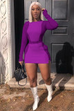 Фиолетовый модный сексуальный костюм из двух предметов для взрослых, однотонная лоскутная юбка на бедрах с длинным рукавом