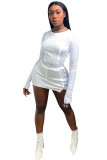 Weiße Mode für Erwachsene, sexy Zweiteiler, solide Patchwork-Hüftrock, lange Ärmel