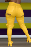 Желтые модные повседневные однотонные рваные узкие брюки с дырками