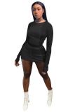 Black Fashion adult Sexy Two Piece Suits Solid Patchwork Hip skirt Long Sleeve