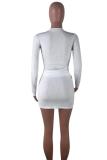 White Fashion adult Sexy Two Piece Suits Solid Patchwork Hip skirt Long Sleeve