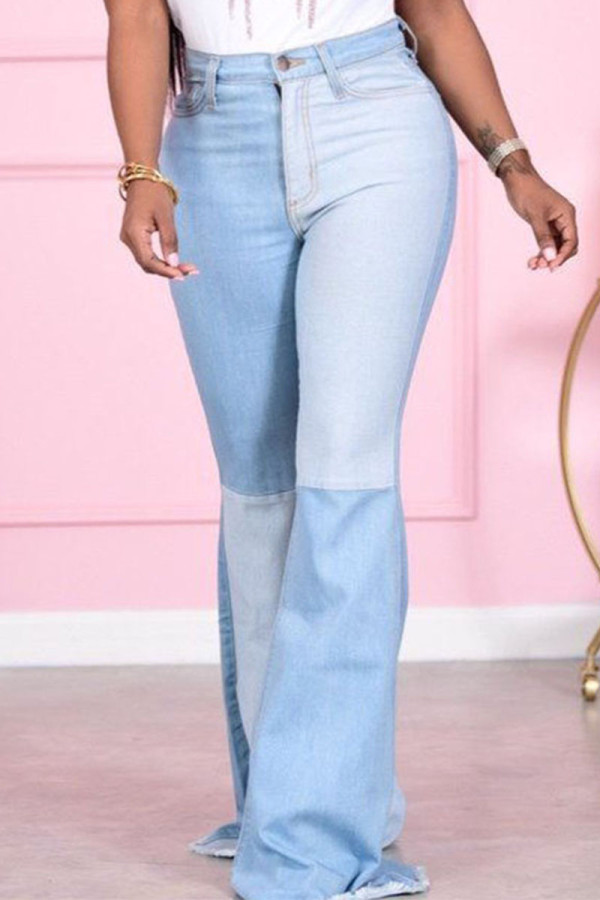 Azul bebê Street sólido borla patchwork cintura média jeans regular