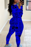 Royal blue Casual Print Patchwork O Neck Long Sleeve Two Pieces