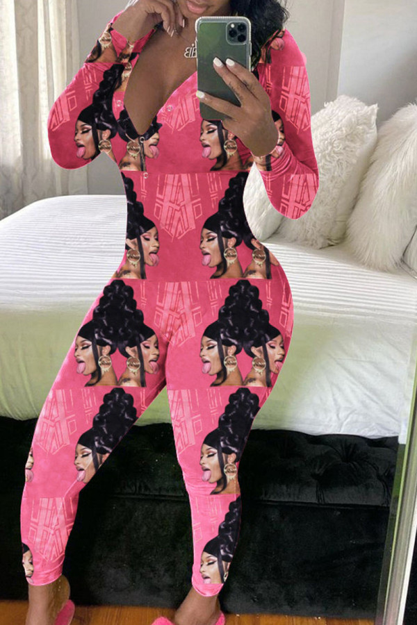 Pink Fashion Adult Living Print Broek V-hals Skinny Jumpsuits