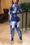 Синий модный сексуальный геометрический V-образный вырез с длинным рукавом с расклешенным рукавом из двух частей