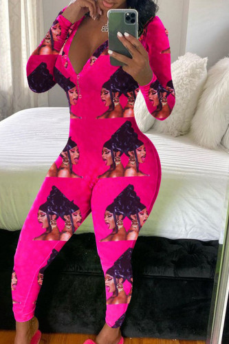 rose red Fashion Adult Living Print Pants V Neck Skinny Jumpsuits