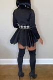 黒と白のファッションカジュアルパッチワークプリントパッチワークターンダウンカラー長袖ミニプリントドレス