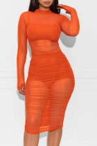 Orange kepsärm Långärmad O-ringad pennklänning Knälånga klänningar med patchworktryck