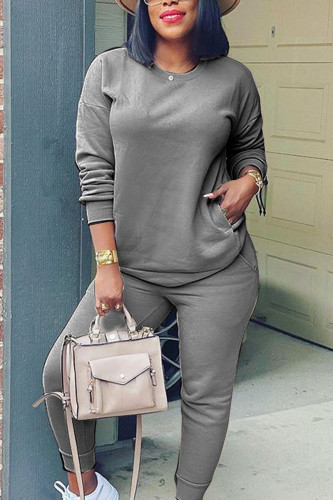Dark Gray Casual Adult Solid Patchwork O Neck Two Pieces