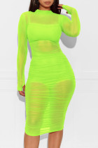 Fluorescerande gröna kepsärmar Långa ärmar O-ringad pennklänning Knälånga klänningar med patchworktryck