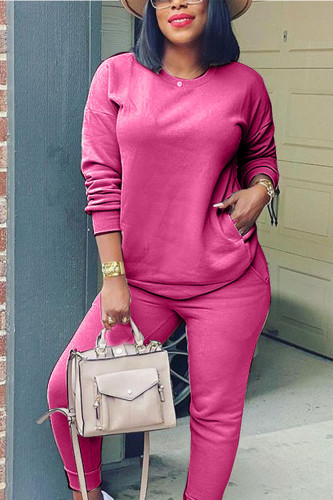 rose red Casual Adult Solid Patchwork O Neck Two Pieces