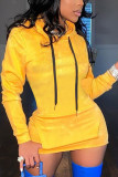 Vestidos casuais amarelos com capuz com capuz e manga longa mini saia lápis