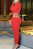 розово-красный модный сексуальный однотонный пэчворк уздечка с круглым вырезом с длинным рукавом из двух частей