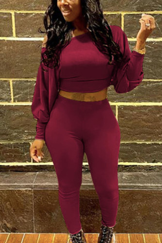 Wine Red British Style Solid Oblique Collar Long Sleeve Two Pieces