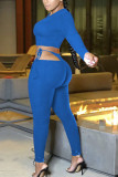 Blue Fashion Sexy Solid Patchwork Frenulum O Neck Long Sleeve Two Pieces