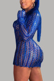 Blauwe mode sexy gescheurde uitgeholde doorschijnende halve coltrui mini jurk jurken
