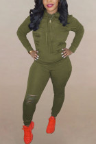 Army Green Fashion Solid Ripped Hooded Collar Långärmad Två delar