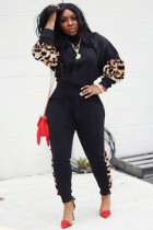 Zwarte mode volwassen casual luipaardprint tweedelige pakken patchwork potlood lange mouw tweedelig