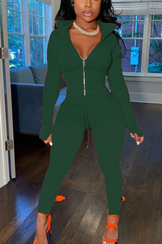 Black Green Sportswear Solid Patchwork Zipper Collar Long Sleeve Two Pieces