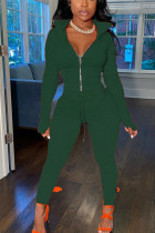 Schwarz-grüner Sportswear-Zweiteiler mit einfarbigem Patchwork-Reißverschlusskragen und langen Ärmeln