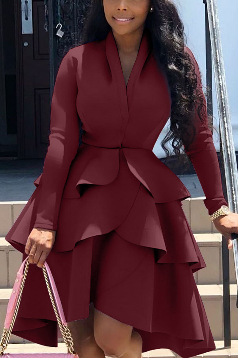 

Wine Red Casual Solid Flounce V Neck Dresses