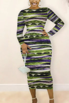 Green Sexy Striped O Neck Wrapped Skirt Dresses