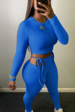 Синий модный сексуальный однотонный лоскутный уздечка с круглым вырезом и длинным рукавом из двух частей