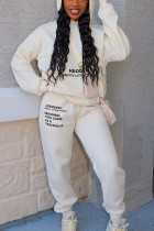 Weißer Sportswear-Print mit Kapuzenkragen, langärmlig, zweiteilig