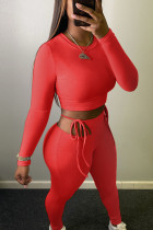 Красный модный сексуальный однотонный уздечка в стиле пэчворк с круглым вырезом и длинным рукавом из двух частей