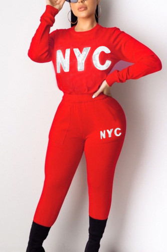 Red British Style Print Embroidered Sequins O Neck Long Sleeve Two Pieces