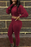 Wine Red British Style Solid Oblique Collar Long Sleeve Two Pieces
