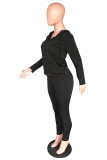 Black Fashion adult Active Casual Lightly cooked Zippered Two Piece Suits pencil Long Sleeve