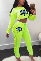 Fluorescent green Sexy Eyes Printed Sequins O Neck Long Sleeve Two Pieces