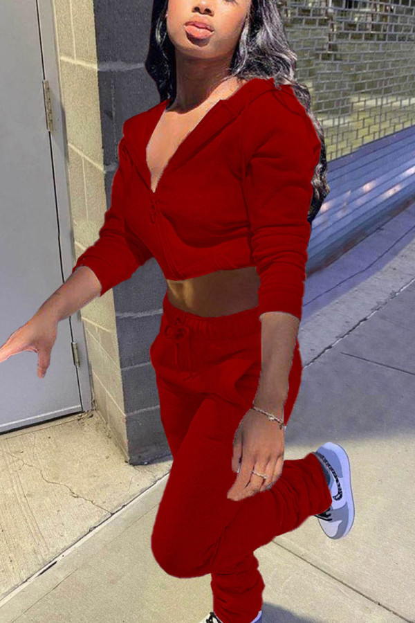 Colletto con cappuccio solido rosso sexy manica lunga due pezzi