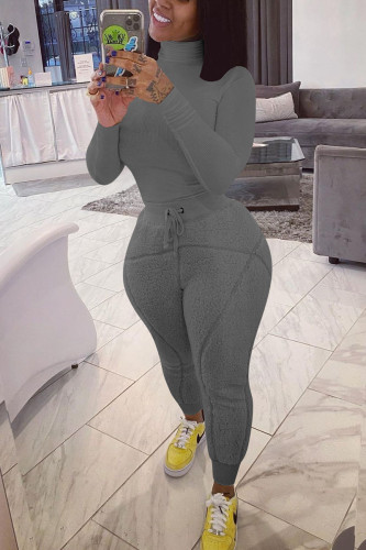 Dark Gray Street Solid Turtleneck Long Sleeve Two Pieces