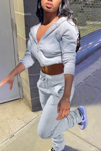 Grey Sexy Solid Hooded Collar Long Sleeve Two Pieces