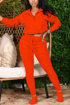 Оранжевый модный повседневный однотонный базовый воротник на молнии с длинным рукавом из двух частей