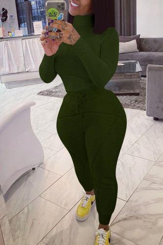 Army Green Street Solid Turtleneck Long Sleeve Two Pieces