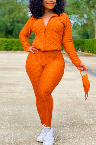 Oranje Sexy Sportkleding Patchwork Rits Kraag Lange Mouw Twee Stukken (Met Masker)