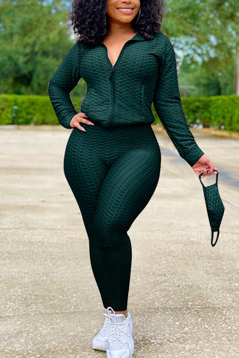 

Dark green Sexy Sportswear Patchwork Zipper Collar Long Sleeve Two Pieces (With Mask)